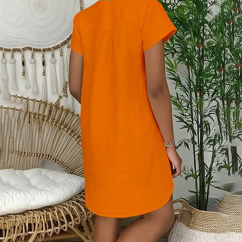 Womens Summer Casual Solid Color V Neck Short Sleeve Dresses Boho Beach Sundresses