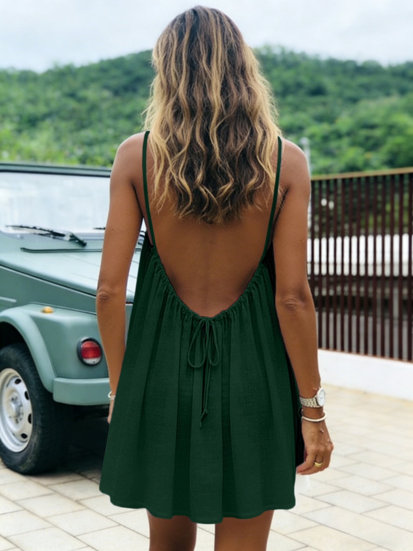 Solid-color Ruched Open-back Strap Sundress Beach Vacation Dress For Women