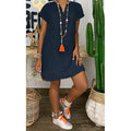 Womens Summer Casual Solid Color V Neck Short Sleeve Dresses Boho Beach Sundresses