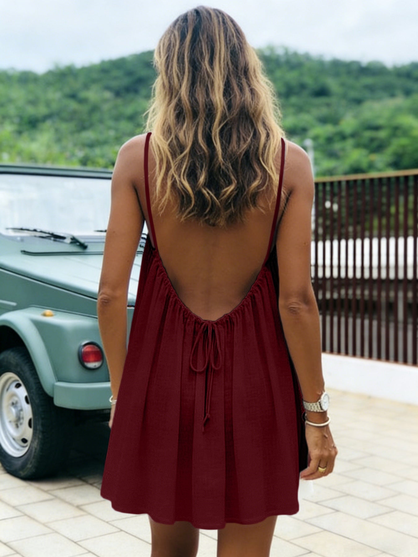 Solid-color Ruched Open-back Strap Sundress Beach Vacation Dress For Women
